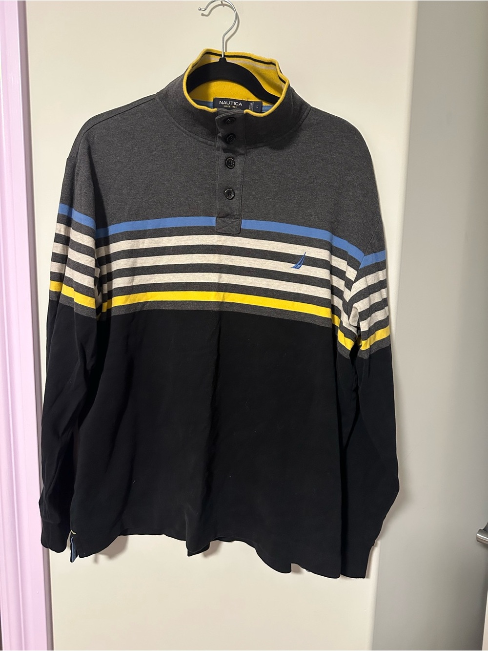 Nautica Men’s Black, Gray, Blue and Yellow Striped Pullover